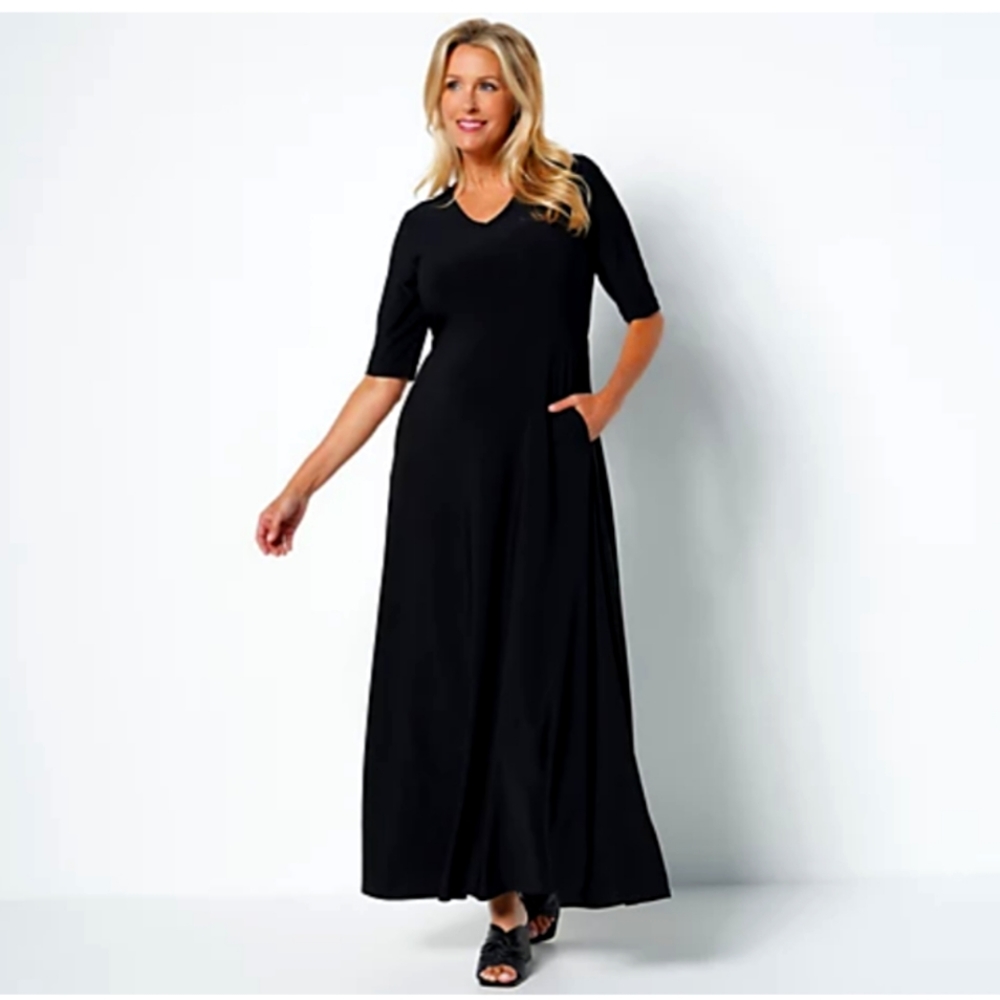 NEW Classic Little Black Maxi Dress 4X with Pockets 3/4 Sleeve